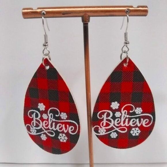 Believe Red & Black Buffalo Check Teardrop Earrings - Picture 3 of 4